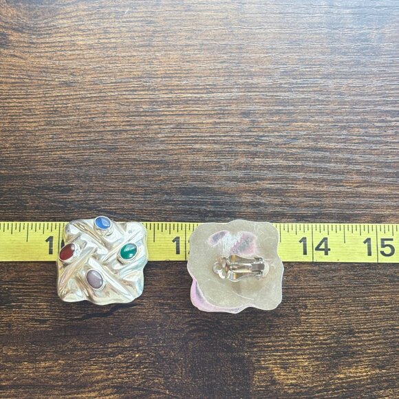 Sterling Silver 925 Multicolor Gemstone Puffed Clip On Earrings 1.25" Length - Picture 9 of 10